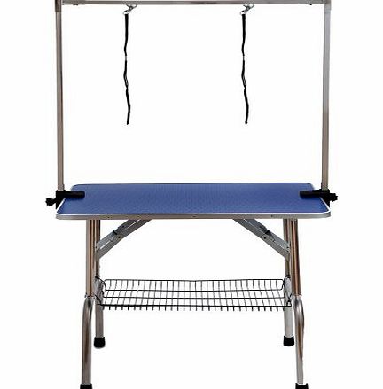 BUNNY BUSINESS Adjustable Portable Stainless Steel Dog Grooming Table with Arm Noose and Accessories Tray, 90 x 60 x 76 cm/ 36 x 23.6 x 30-inch, Blue