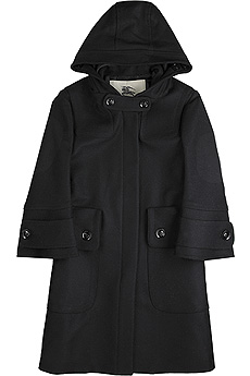 Black hooded wool-and-cashmere coat with oversized faux pockets on front.