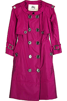 Bright pink collarless silk blend trench coat with a double-breasted front.