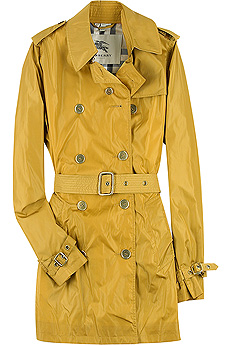 Mustard double-breasted nylon trench with gold-tone metal button fastenings.