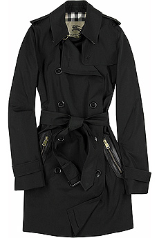 Black cotton blend trench coat with a self-tie belt at the waist.