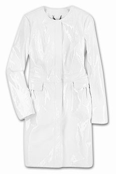 White patent leather knee length coat.