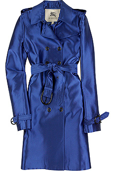 Bright blue mikado silk blend trench with a double-breasted front.