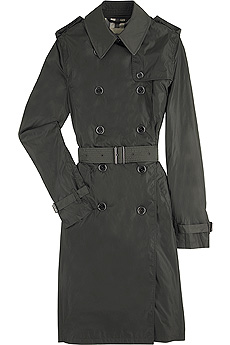 Khaki classic double-breasted nylon trench coat with signature Burberry pewter buttons and a belted 