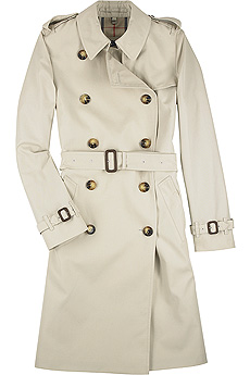 Stone double-breasted cotton trench coat with epaulettes on shoulder and buckle fastening belt at wa