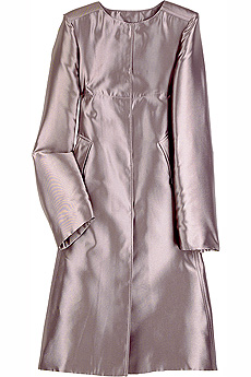 Lilac silk satin collarless coat with empire line.