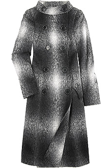 Gray alpaca and wool blend oversized check coat with no collar.