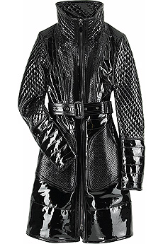 Black quilted patent leather coat with chevron panels and high collar.