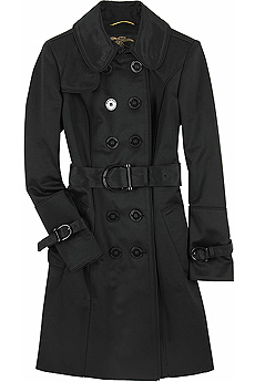 Black cotton sateen short trench with tonal pipe detailing.