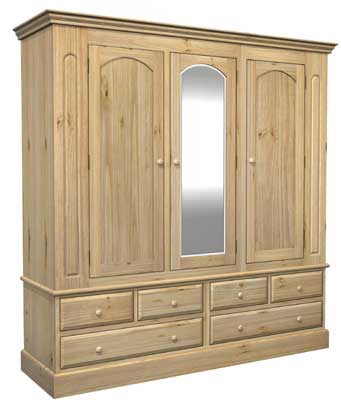 Pine Triple Wardrobe with Mirror And