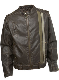 Brown Faux Leather Striped Biker Style Jacket
