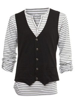Grey and Black Fine Stripe Long Sleeve T-Shirt With Waistcoat