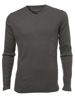 Grey Badge Ribbed V-Neck Long Sleeve T-Shirt