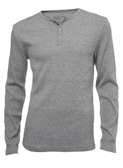 Grey Grandad Neck Rib Long Sleeve T-Shirt