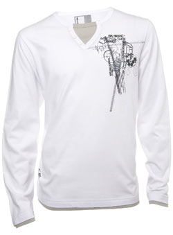 White Printed Notch Neck Long Sleeved T-Shirt