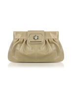 Beige Genuine Leather Twist-lock Clutch