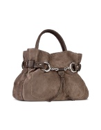 Brown Taupe Suede and Leather Satchel Bag