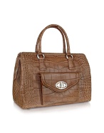 Buti Front Pocket Brown Croco Stamped Leather Satchel
