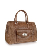 Front Pocket Brown Croco Stamped Leather Satchel