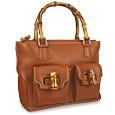 Buti Front Pockets Brown Leather Satchel Bag w/ Bamboo Handles