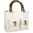 Buti Front Pockets White Leather Satchel Bag w/ Bamboo Handles