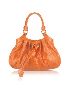 Orange Croco Stamped Leather Drawstring Satchel Bag