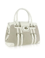 White Patent Leather and Canvas Satchel Bag