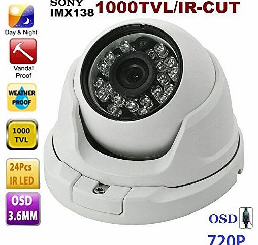 NRH CCTV Security Camera- innovative SONY IMX138 1000TVL HD Day and Night 3.6mm lens Weatherproof Dome Camera With OSD With IR-CUT function Outdoor or Indoor Use-White