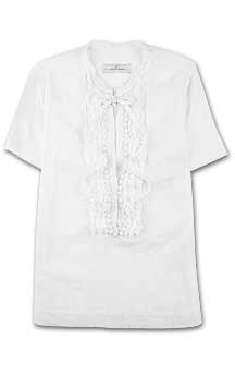White short sleeve cheesecloth blouse with ruffle bib.