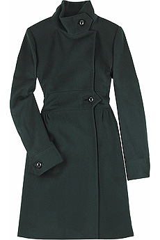 Green wool and cashmere blend coat with a full skirted section.