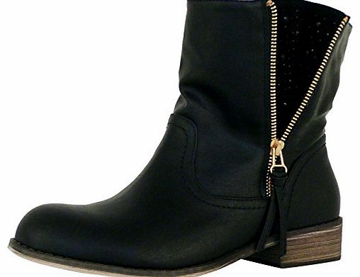 ByPublicDemand A1G Womens Flat Fashion Ankle Boots Black Faux Leather Size 7 UK