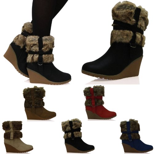 ByPublicDemand A5A Womens Ladies Wedge Faux Fur Lined Zip Up Ankle Warm Boots Womens Shoes Black Size 5 UK