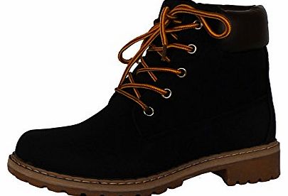 ByPublicDemand A61 Womens Flat Desert Lace Up Ankle Boots Black Faux Leather w/ Brown Collar Size 9 UK