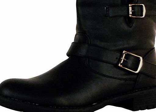 ByPublicDemand A6J New Retro Womens Ladies Flat Buckle Casual Zip Up Ankle Biker Boots Shoes Black Matte Size 5 UK