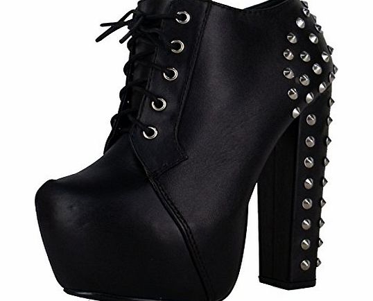 ByPublicDemand B3D Womens Block High Heels Concealed Platform Lace Up Ladies Ankle Boots Shoes Black Black Matte Studs Size 3 UK