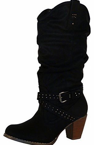 ByPublicDemand B6P Womens Mid High Heel Western Mid Calf Boots Black Faux Leather Size 5 UK