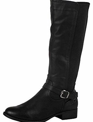 ByPublicDemand R1Y Womens Ladies Extra Wide Calf (Max Fit 49cm for Size 2 and 56cm for Size 10) Riding Zip Up Elasticated Under Knee Boots Black Matte Size 8 UK