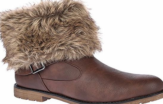 ByPublicDemand S2H Womens Ladies Fur Collar Warm Winter Flat Pull On Ankle Booties Shoes Size (9 UK, Brown)