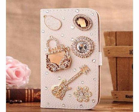 HTC One M8 Jewelry Bling Diamond Gem Leather Smart Case Cover With Magnetic Flip Horizontals & Card Holder - Handbag Guitar Flower