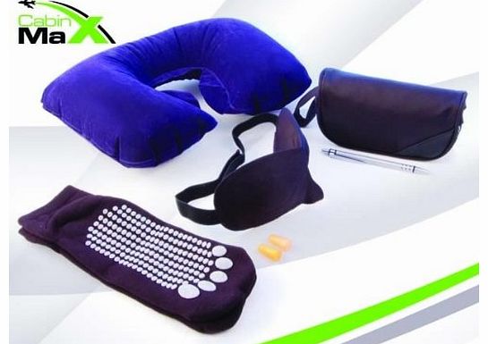 Travel / flight kit - inflatable neck pillow, eye sleep mask, ear plugs, flight socks and pen