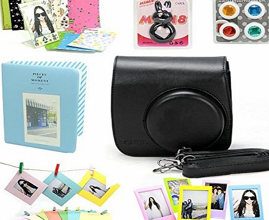 CAIUL Fujifilm Instax Mini 8 Instant Camera Accessory Bundles Set (Included: Black Mini 8 Vintage Case Bag/ Black Diamond Style Instax Mini Book Album/ Black Rabbit Design Mini 8 Close-Up Lens(Self-Portrait
