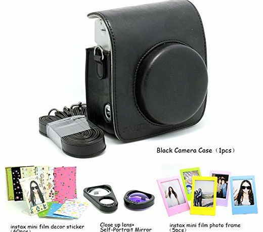CAIUL Fujifilm Instax Mini 90 Instant Camera Accessory Bundles Set (Included: Black Mini 90 Vintage Case Bag/ Mini 90 Close-Up Lens(Self-Portrait Mirror)/ 3 Inch Photo Frame/ Colorful Decor Sticker Borders)