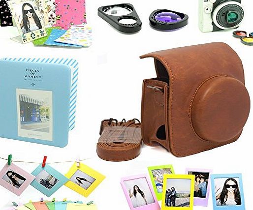 CAIUL Fujifilm Instax Mini 90 Instant Camera Accessory Bundles Set( Included: Brown Fujifilm Instax Mini 90 Case Bag/ Blue Instax Mini Book Album/ Mini 90 Self-Portrait Mirror Set/ Colorful Close-Up Lens Fo
