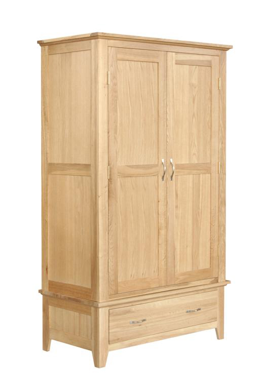 Oak Double Wardrobe with One Drawer