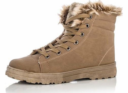 Camel Faux Fur Trim Lace Up Boots