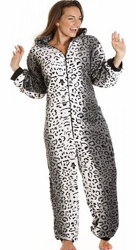 L Autumn Faith Ladies Embossed Leopard Fleece All in One PJs Sleepsuit Onesie Nightwear 