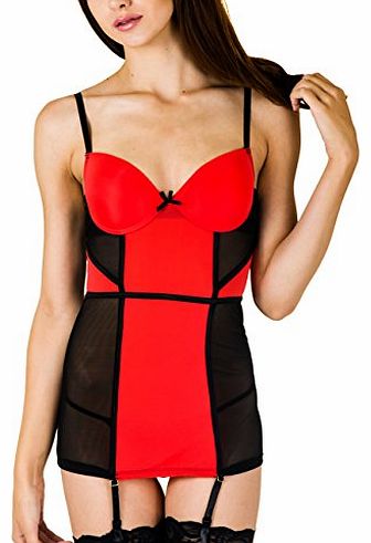 Caramel Cantina Chemise and G-string Set with Mesh Cutouts and Built-in Push-up Bra (Medium, Red/Black)