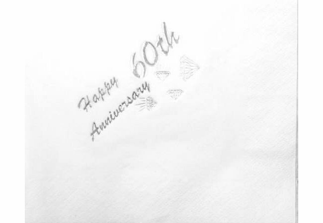 CardsnScrolls Happy 60th Anniversary Napkins. White printed Silver. Pack of 18