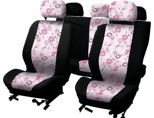 Carpoint 0310121 Pink Flower 9-Piece Car Seat Cover Set Airbag-Suitable