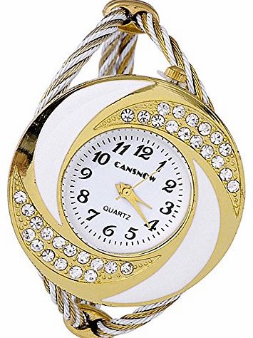 JS Direct 1x Retro Lady Womens Quartz Wrist Watch With Round Golden Case & Crystal Decoration/ Bracelet Watch, Bangle Cuff (Golden&White)